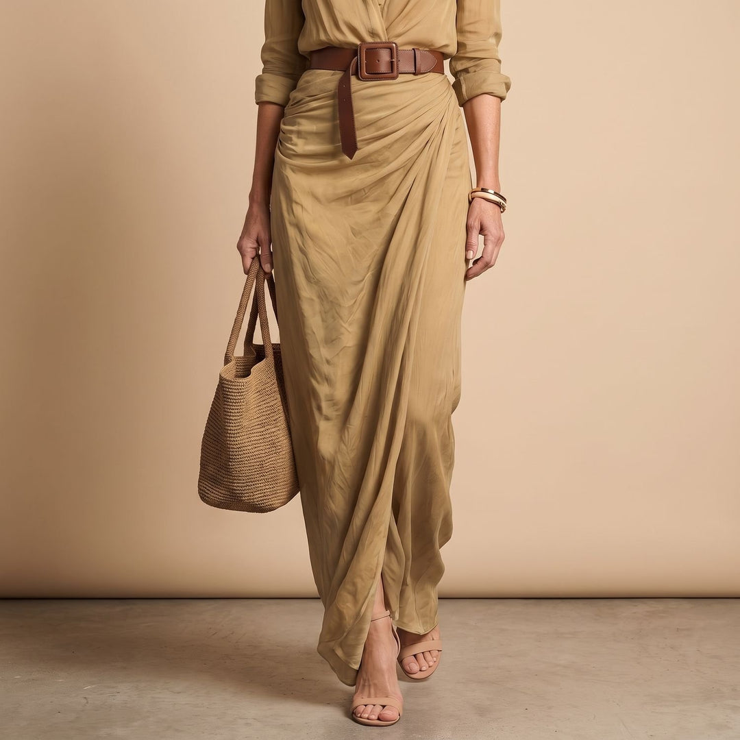 Women's Long Sleeve Maxi Dress Notched Collar Belted Shirt