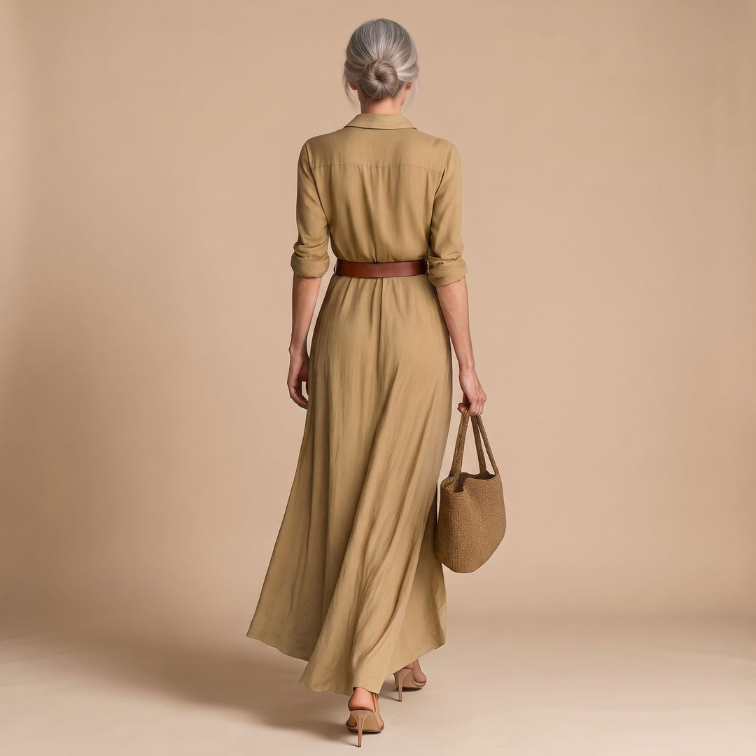 Women's Long Sleeve Maxi Dress Notched Collar Belted Shirt