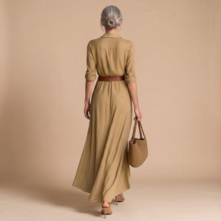 Women's Long Sleeve Maxi Dress Notched Collar Belted Shirt