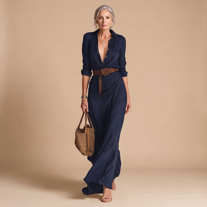Women's Long Sleeve Maxi Dress Notched Collar Belted Shirt - Navy Blue