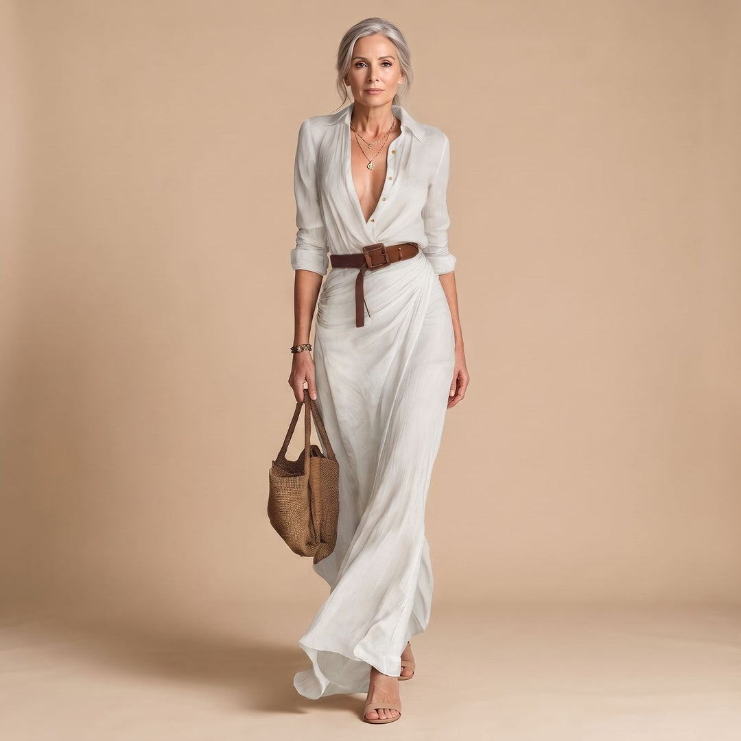 Women's Long Sleeve Maxi Dress Notched Collar Belted Shirt - White