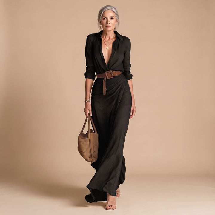 Women's Long Sleeve Maxi Dress Notched Collar Belted Shirt - Black