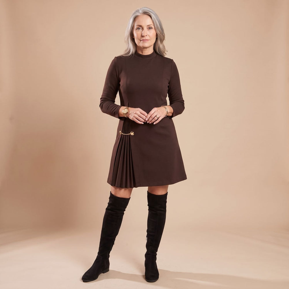 Women's Long Sleeve Mock Neck Formal Pleated Mini Dress - Brown