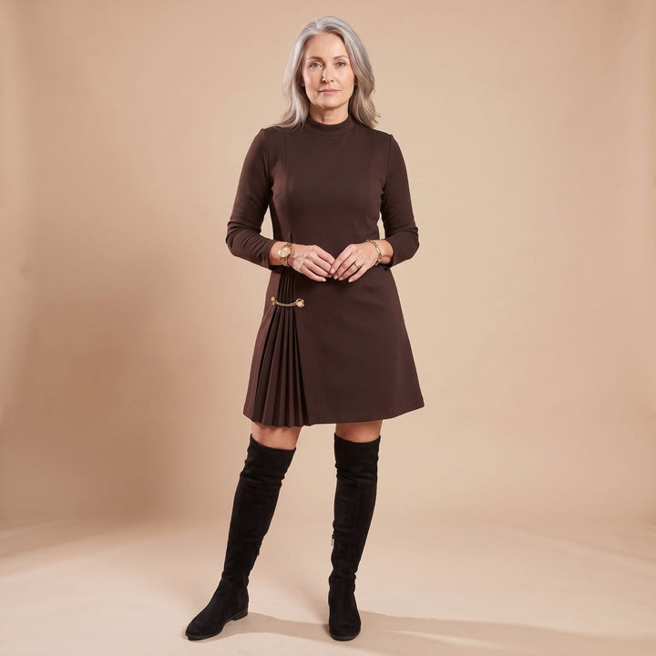 Women's Long Sleeve Mock Neck Formal Pleated Mini Dress - Brown