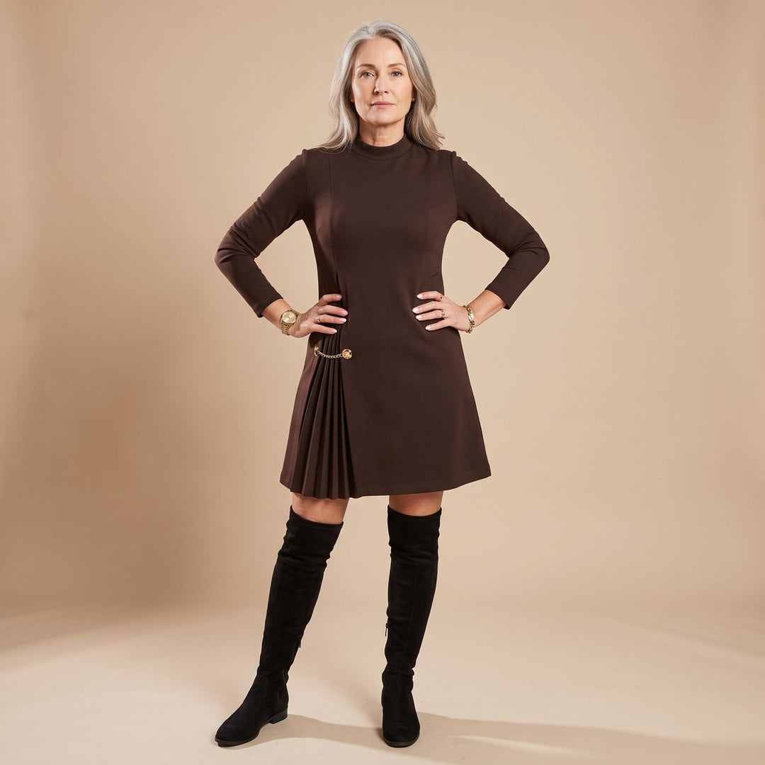 Women's Long Sleeve Mock Neck Formal Pleated Mini Dress