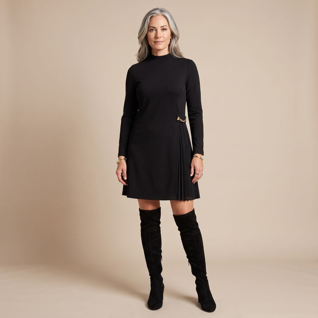Women's Long Sleeve Mock Neck Formal Pleated Mini Dress - Black
