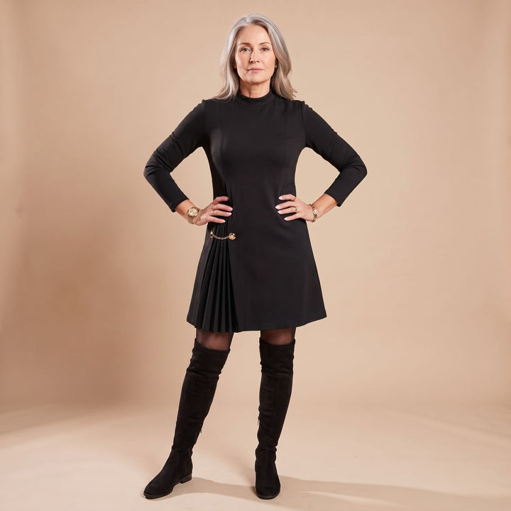Women's Long Sleeve Mock Neck Formal Pleated Mini Dress