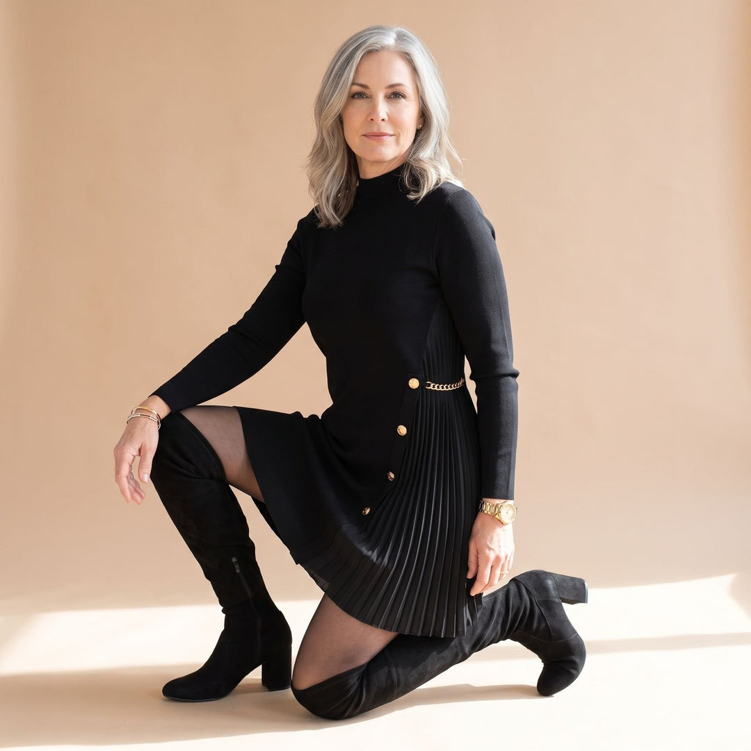 Women's Long Sleeve Mock Neck Formal Pleated Mini Dress