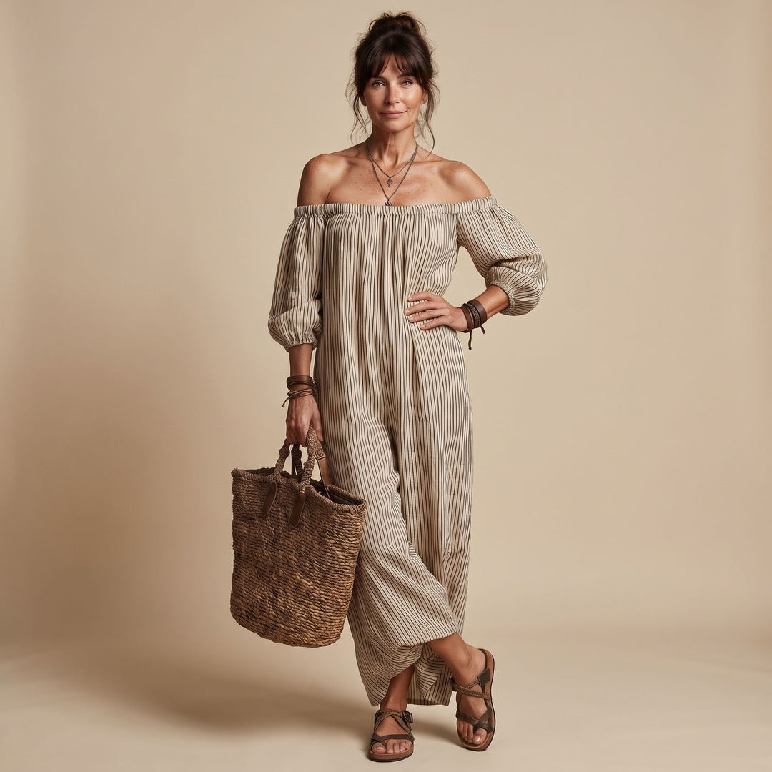 Women's Long Sleeve Off the Shoulder Striped Maxi Dress - Khaki