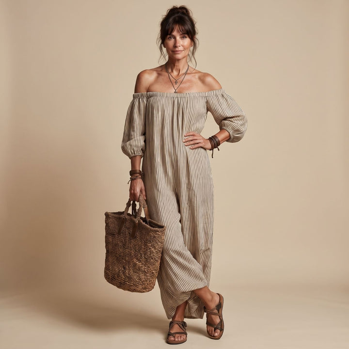 Women's Long Sleeve Off the Shoulder Striped Maxi Dress - Khaki