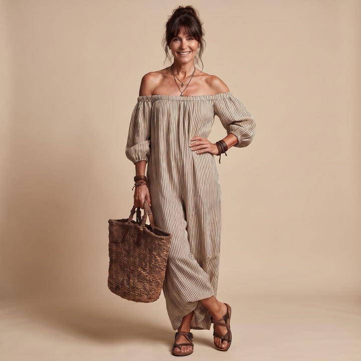 Women's Long Sleeve Off the Shoulder Striped Maxi Dress