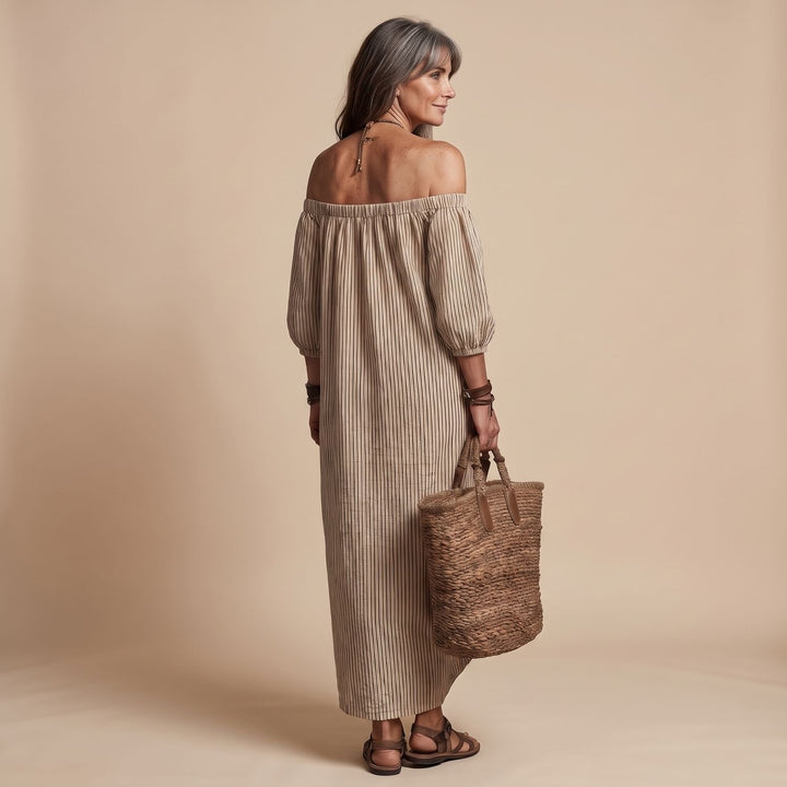 Women's Long Sleeve Off the Shoulder Striped Maxi Dress