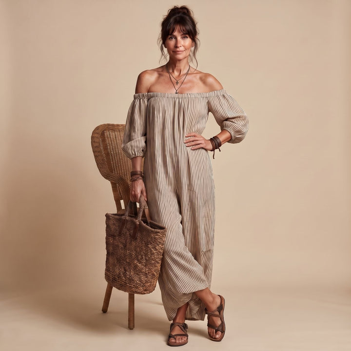 Women's Long Sleeve Off the Shoulder Striped Maxi Dress