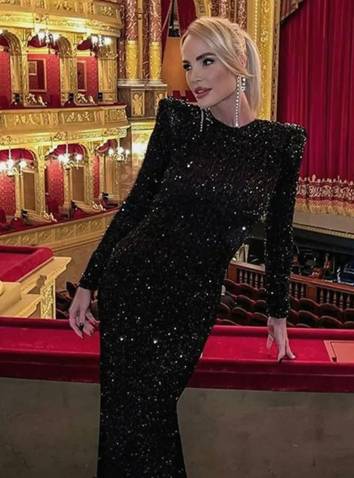 Women's Long-Sleeve Open-Back Sequin Maxi Dress