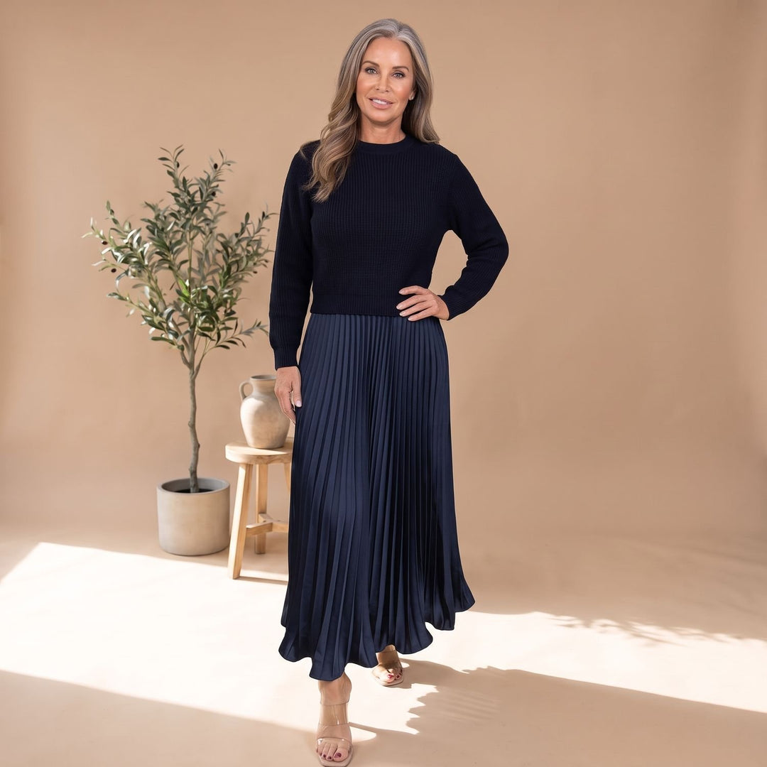 Women's Long-Sleeve Pleated Formal Maxi Dress - Blue