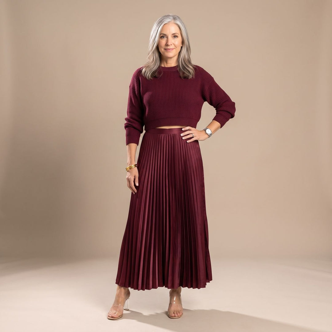 Women's Long-Sleeve Pleated Formal Maxi Dress - Burgundy