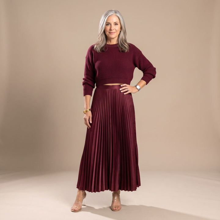 Women's Long-Sleeve Pleated Formal Maxi Dress - Burgundy