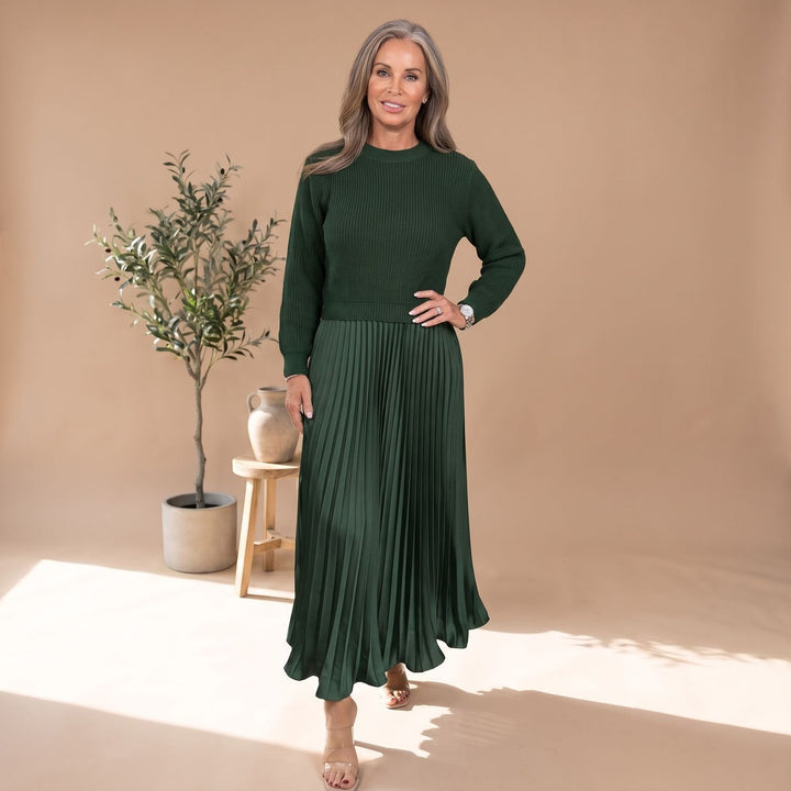 Women's Long-Sleeve Pleated Formal Maxi Dress - Green