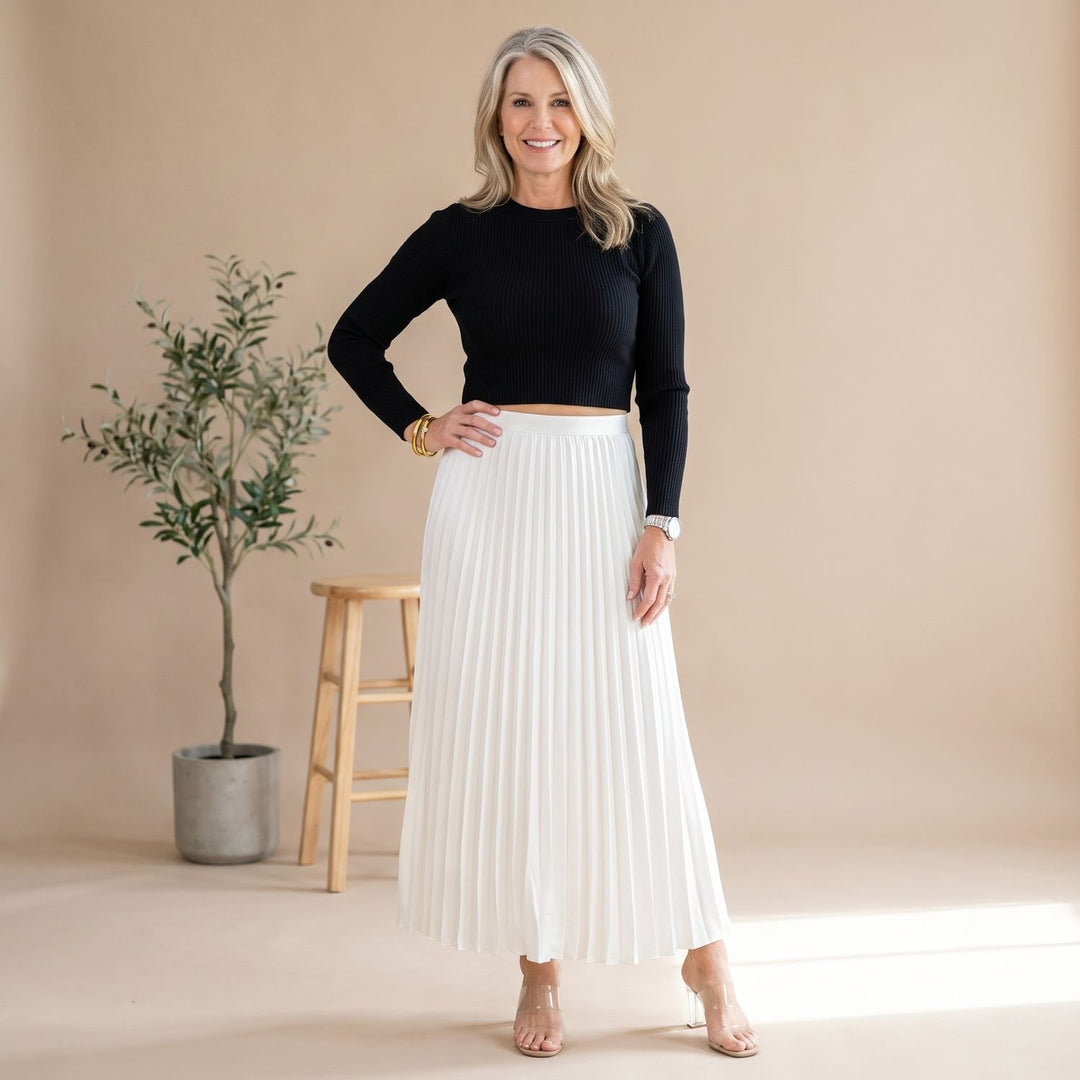 Women's Long-Sleeve Pleated Formal Maxi Dress - Black/White