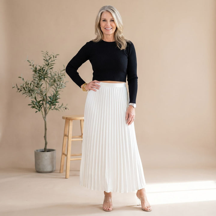 Women's Long-Sleeve Pleated Formal Maxi Dress - Black/White