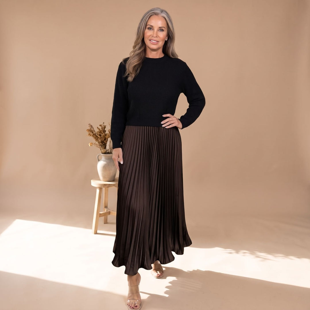 Women's Long-Sleeve Pleated Formal Maxi Dress - Black/Brown