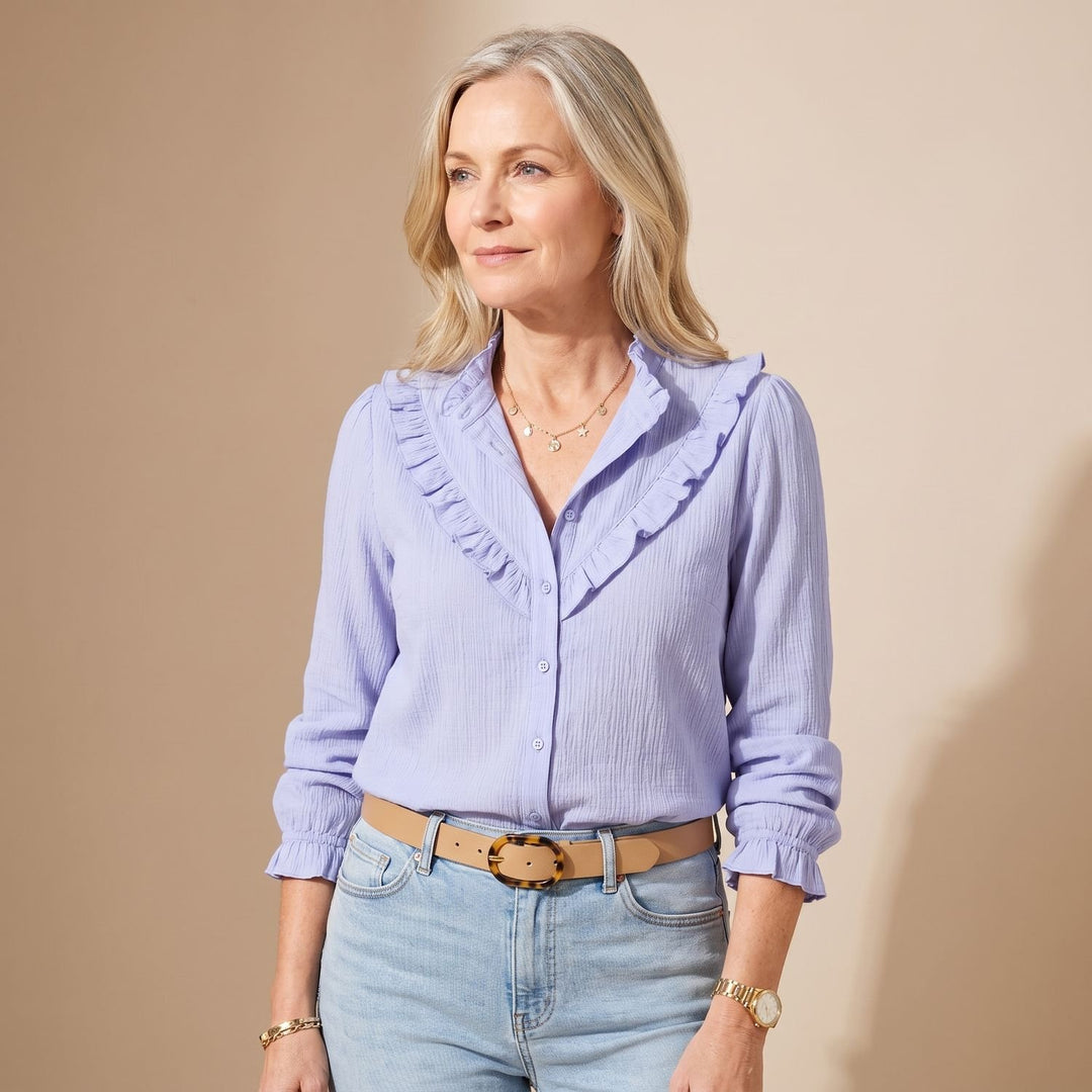 Women's Long-Sleeve Ruffle-Trim Button-Down Blouse - Blue