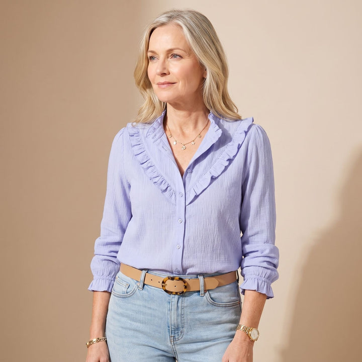 Women's Long-Sleeve Ruffle-Trim Button-Down Blouse - Blue