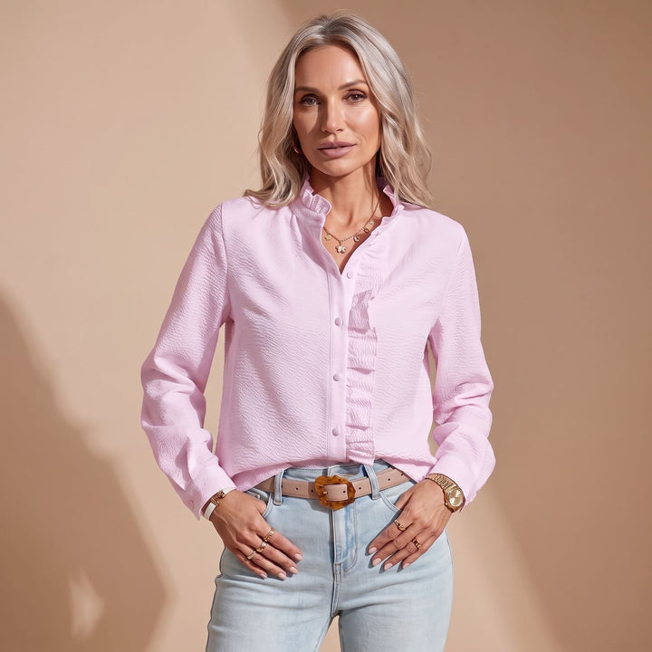 Women's Long-Sleeve Ruffle-Trim Button-Down Blouse - Pink