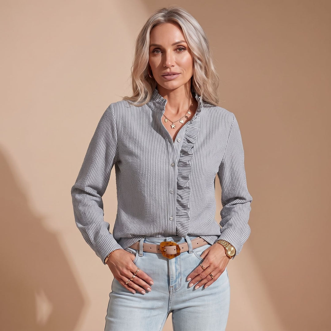 Women's Long-Sleeve Ruffle-Trim Button-Down Blouse - Black