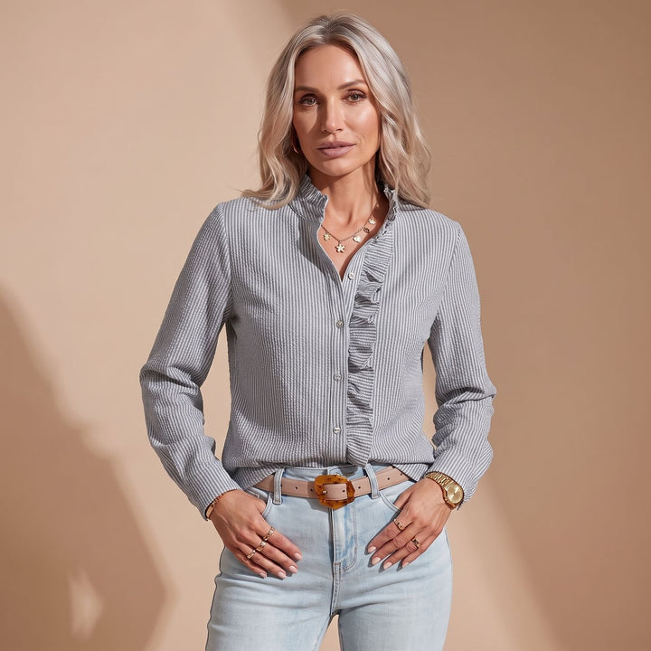 Women's Long-Sleeve Ruffle-Trim Button-Down Blouse - Black