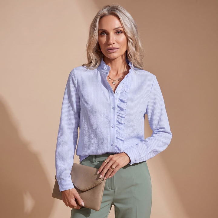 Women's Long-Sleeve Ruffle-Trim Button-Down Blouse