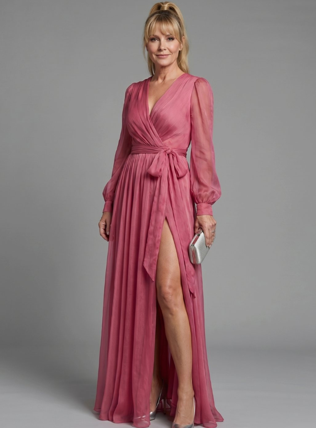 Women's Long Sleeve Sheer Wrap Maxi Dress High Slit - Pink