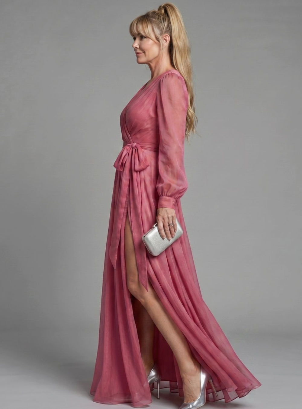 Women's Long Sleeve Sheer Wrap Maxi Dress High Slit