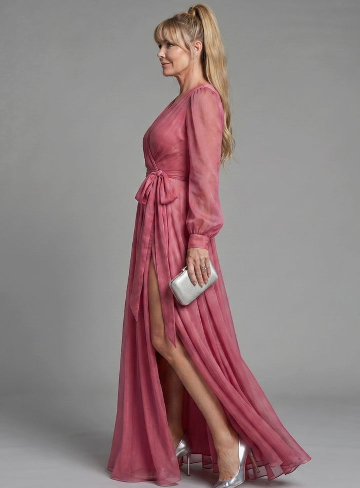 Women's Long Sleeve Sheer Wrap Maxi Dress High Slit