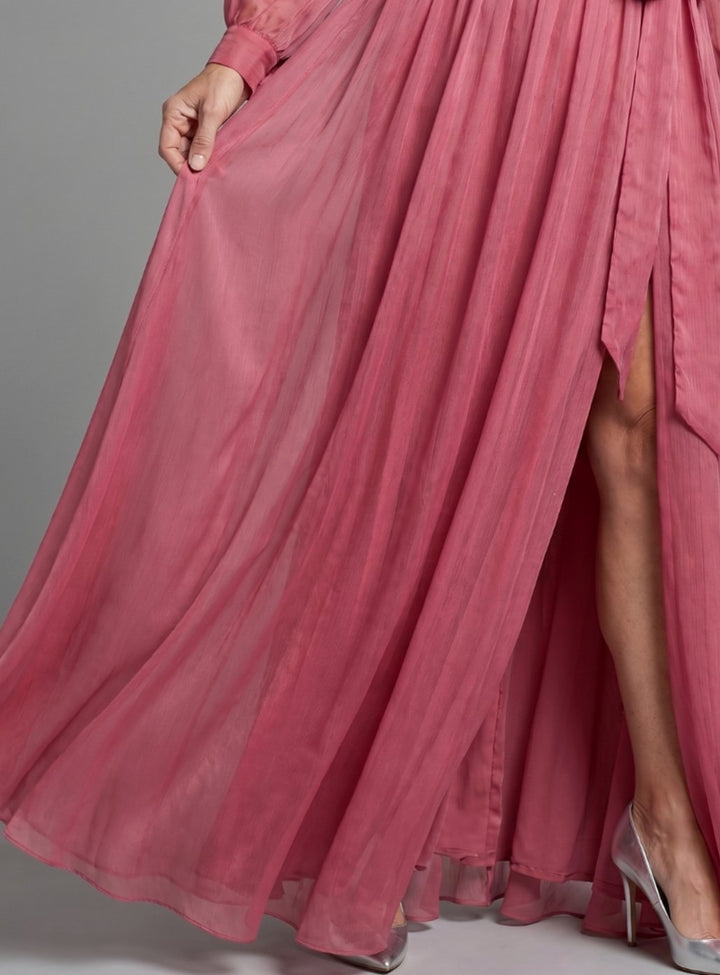 Women's Long Sleeve Sheer Wrap Maxi Dress High Slit
