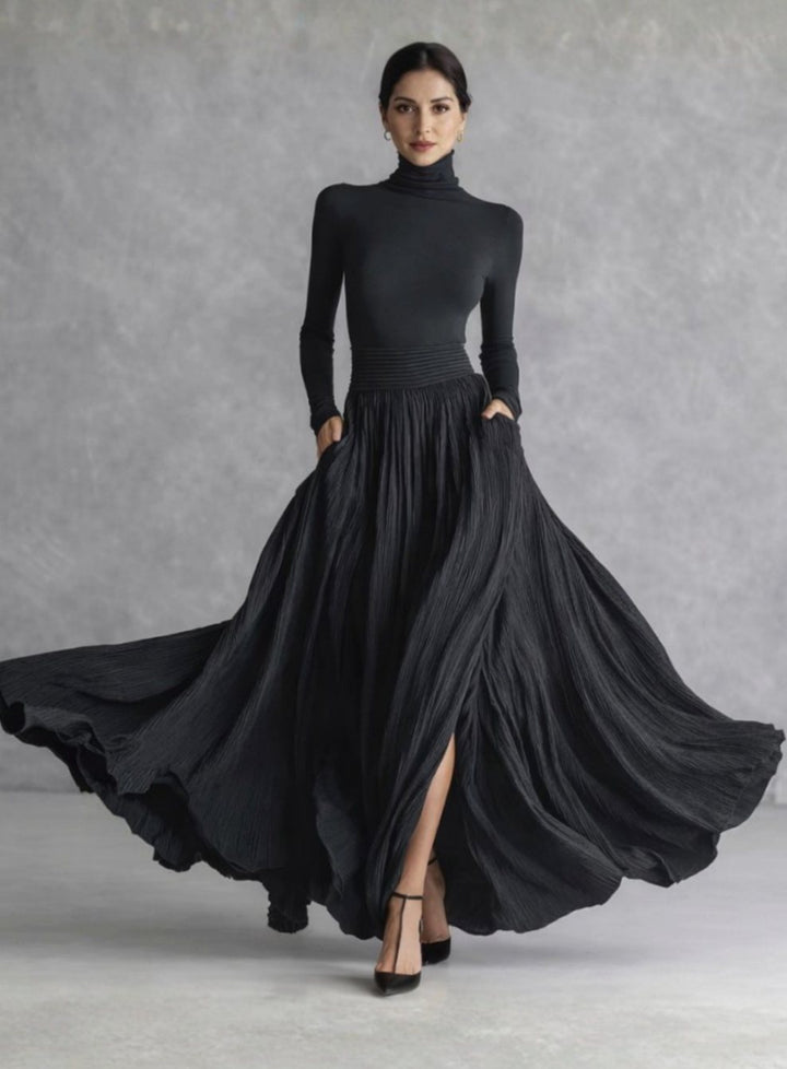 Women's Long Sleeve Turtleneck Pleated Full-Skirt Maxi Dress - Black