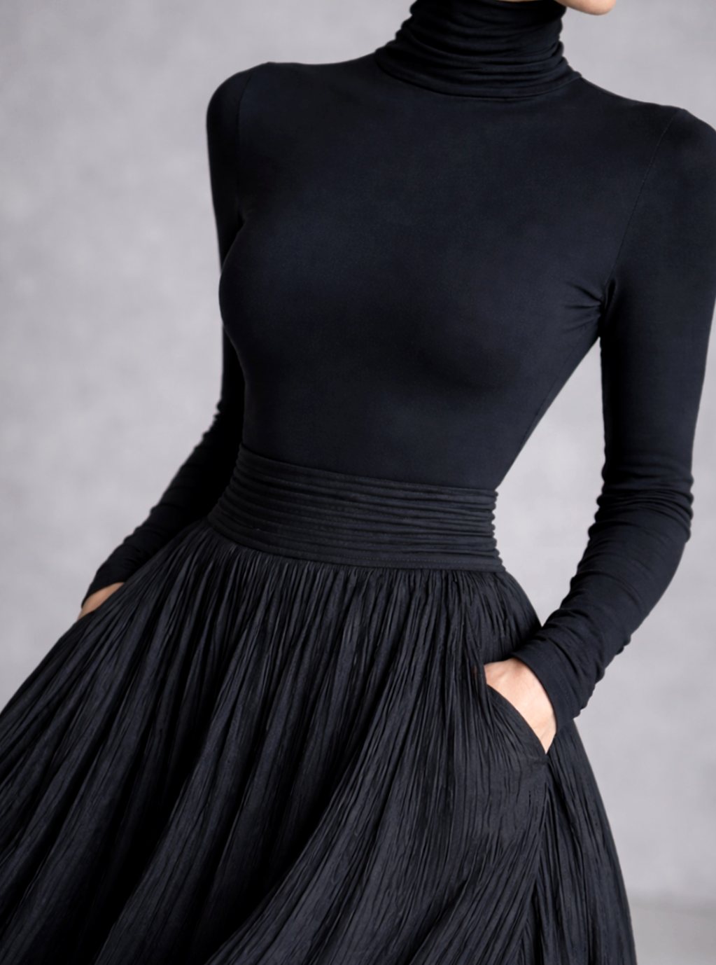 Women's Long Sleeve Turtleneck Pleated Full-Skirt Maxi Dress