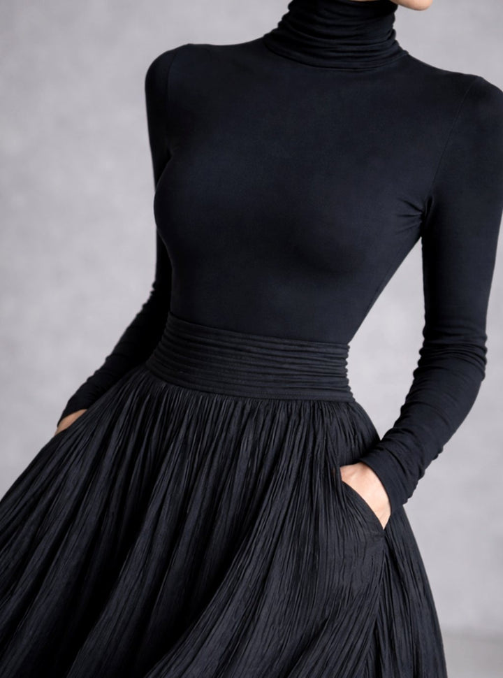 Women's Long Sleeve Turtleneck Pleated Full-Skirt Maxi Dress