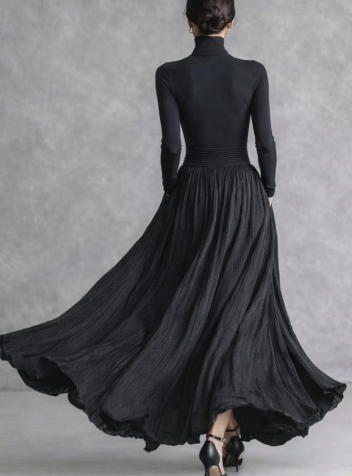 Women's Long Sleeve Turtleneck Pleated Full-Skirt Maxi Dress