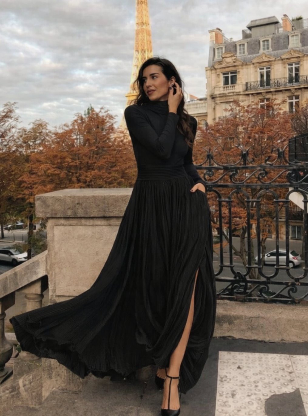 Women's Long Sleeve Turtleneck Pleated Full-Skirt Maxi Dress