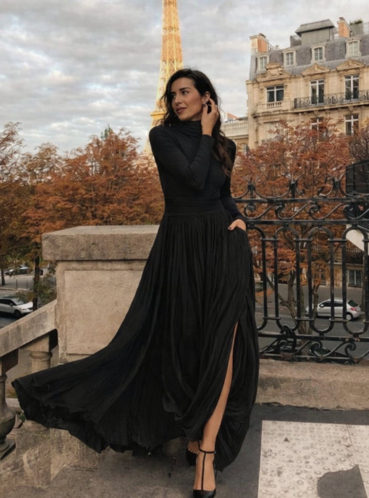 Women's Long Sleeve Turtleneck Pleated Full-Skirt Maxi Dress