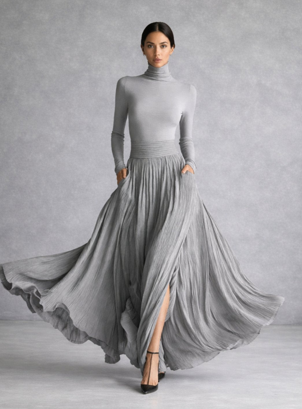 Women's Long Sleeve Turtleneck Pleated Full-Skirt Maxi Dress - Grey