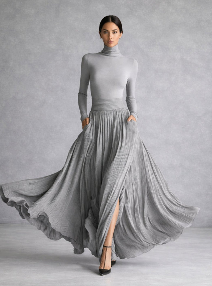 Women's Long Sleeve Turtleneck Pleated Full-Skirt Maxi Dress - Grey