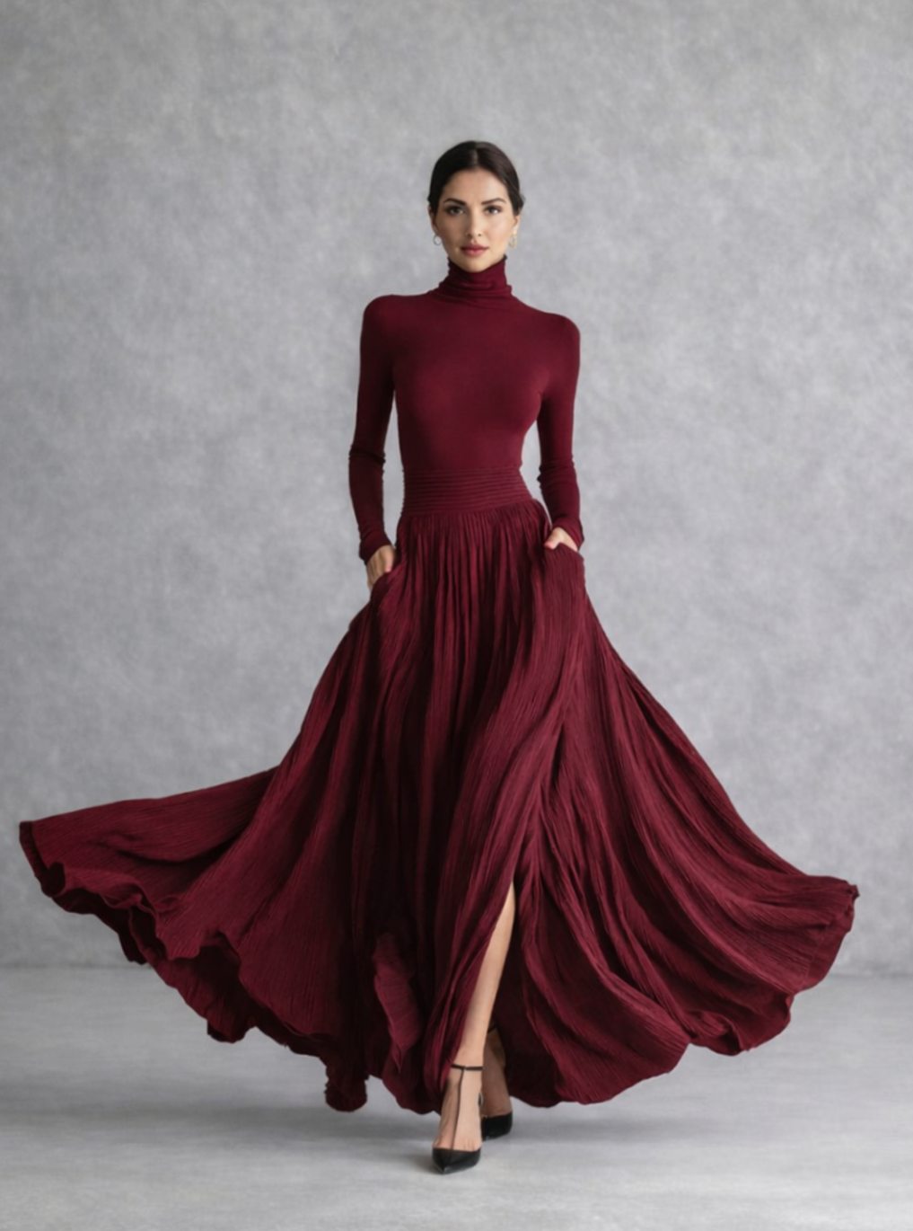 Women's Long Sleeve Turtleneck Pleated Full-Skirt Maxi Dress - Burgundy
