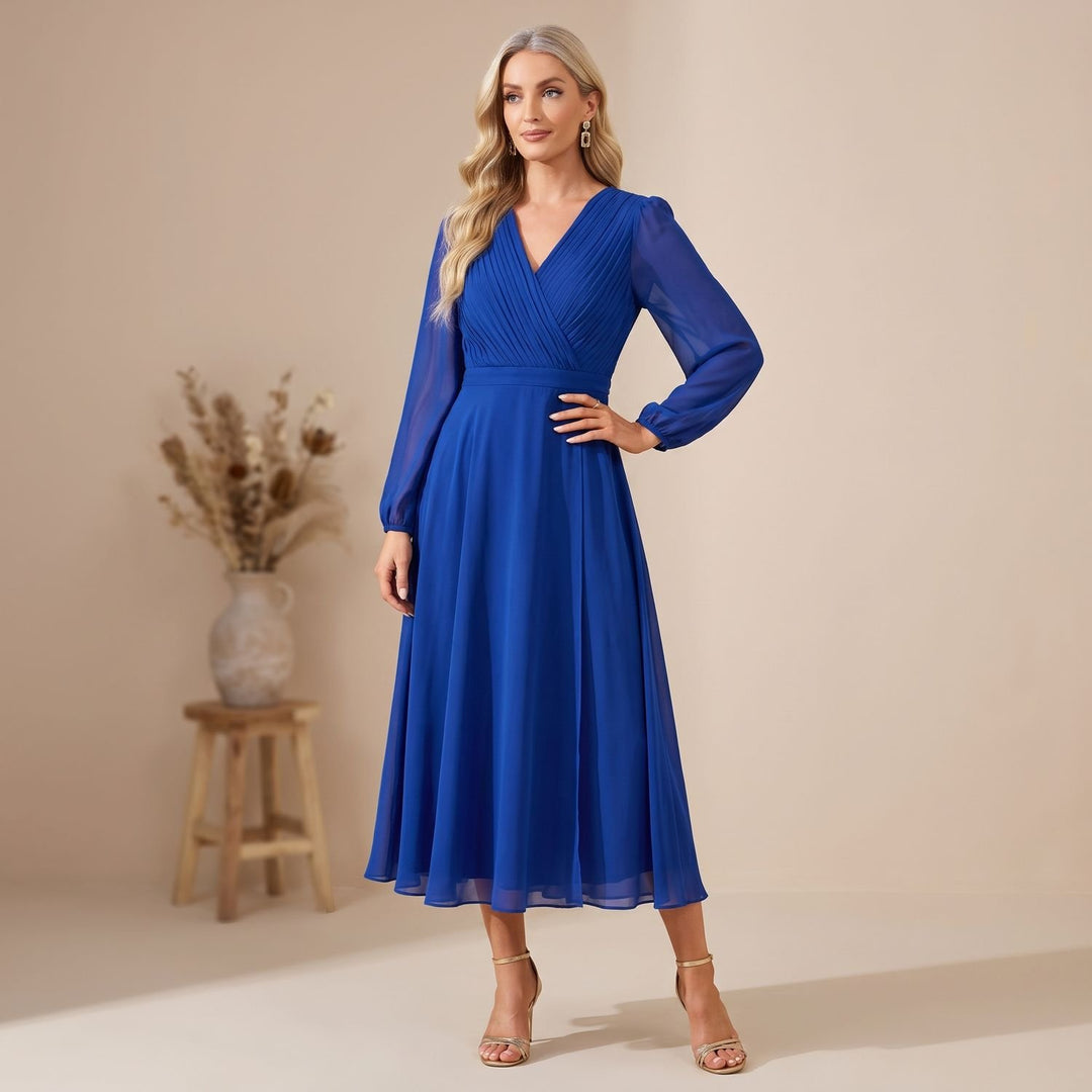 Women's Long-Sleeve V-Neck Chiffon Midi Wrap Dress