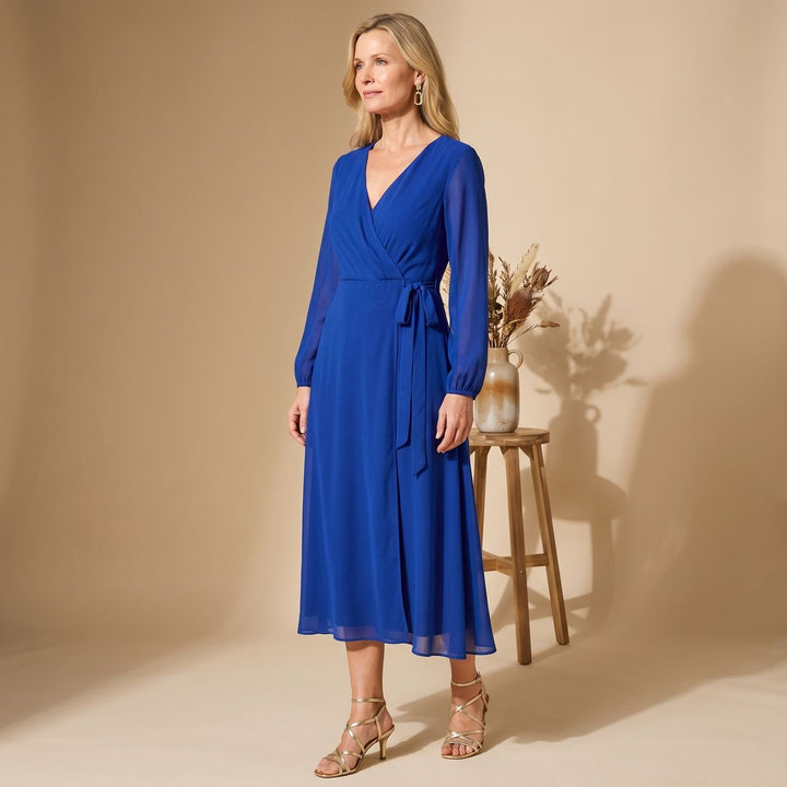 Women's Long-Sleeve V-Neck Chiffon Midi Wrap Dress