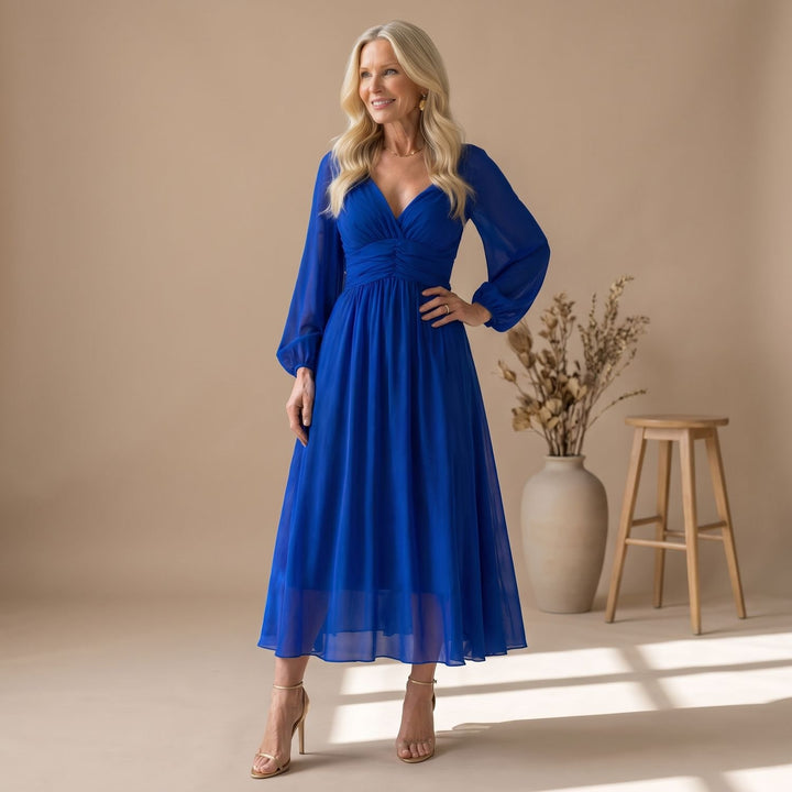 Women's Long-Sleeve V-Neck Chiffon Midi Wrap Dress - Blue
