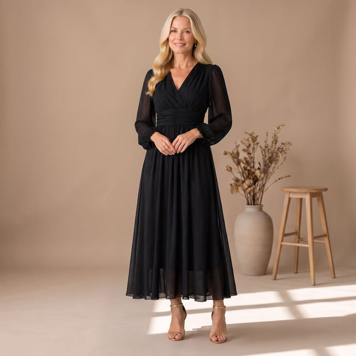 Women's Long-Sleeve V-Neck Chiffon Midi Wrap Dress - Black
