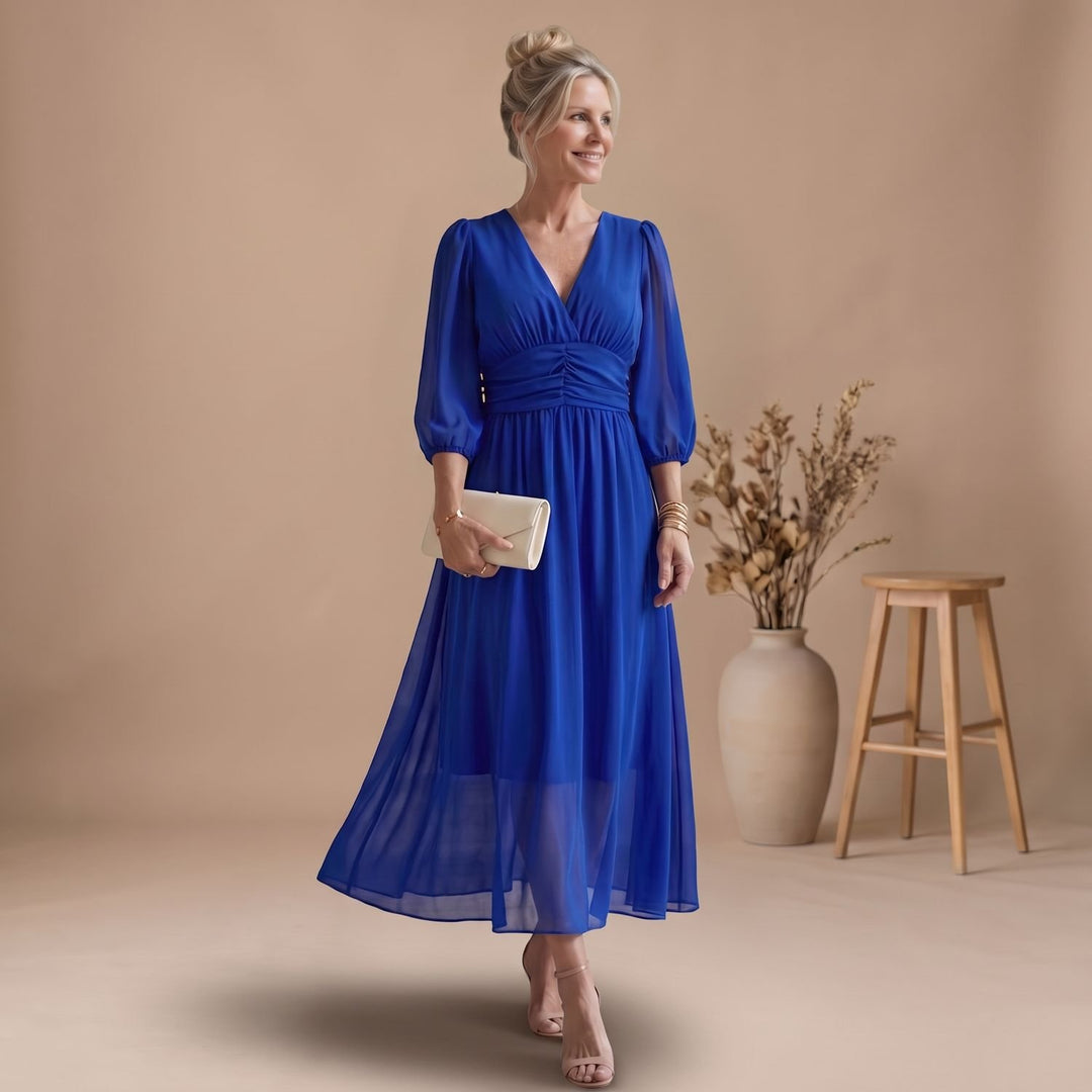 Women's Long-Sleeve V-Neck Chiffon Midi Wrap Dress