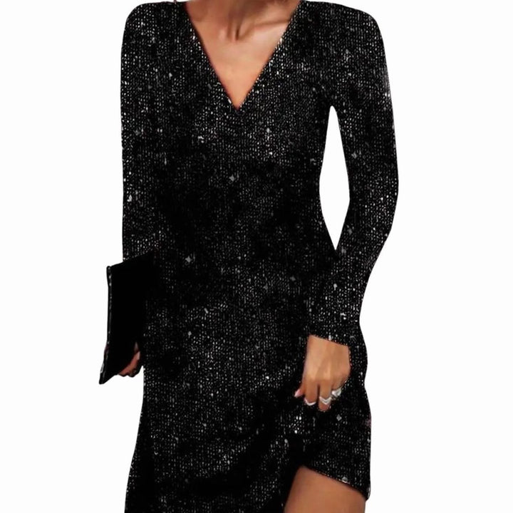 Women's Long-Sleeve V-Neck Sequin Christmas Party Mini Dress - Black